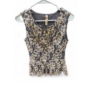 Alice Moon Y2K Lace Sequin Beaded Peplum Sleeveless Top, Medium